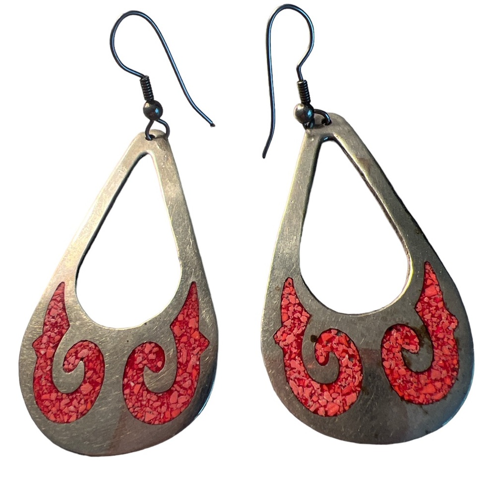 Vintage Alpaca Mexico Coral Inlaid Earrings